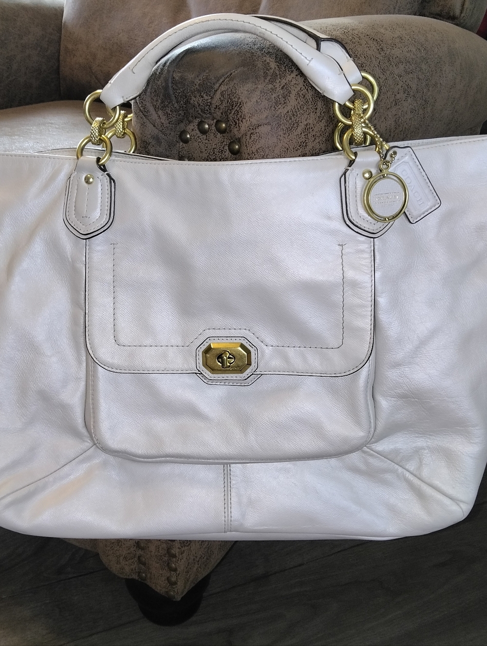 Coach Pearl White Leather Satchel Crossbody Shoulder Bag Dark Gold Hardware